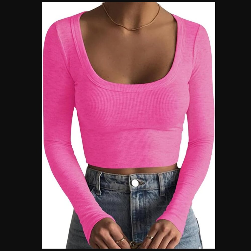 Women's Square Neck Long Sleeve Ribbed Slim Fit Casual Basic Crop Top NEW Medium